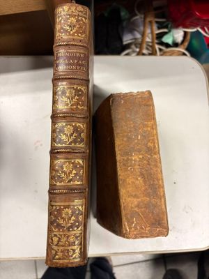 deux vieux livres posés sur une table à côté d'une paire de chaussures