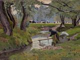 un tableau représentant un homme assis sur un banc au bord d'un ruisseau