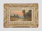 painting of a landscape with trees and a river in a gold frame