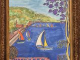 un tableau représentant des voiliers sur un lac, avec un pont en arrière-plan