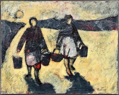 a painting of two people walking with suitcases