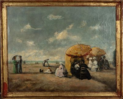 tableau représentant un groupe de personnes assises sur une plage sous un parasol
