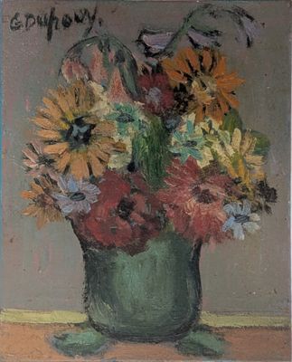 une peinture de fleurs dans un vase vert sur une table
