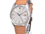 an image of a wrist watch with a white dial and brown leather strap