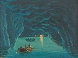 tableau représentant deux personnes dans une barque, dans une grotte, la nuit