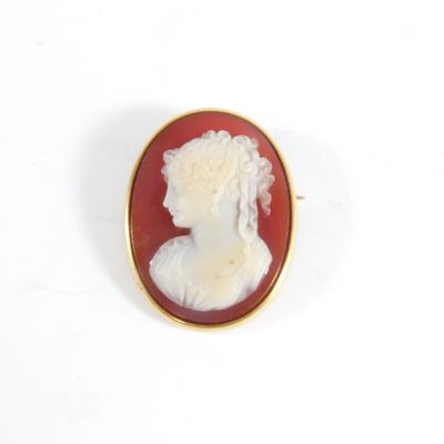 une broche représentant le profil d'une femme, de couleur rouge et or