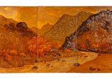 tableau représentant un paysage de montagne avec une rivière et des arbres au premier plan