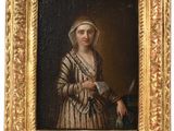 un tableau représentant une femme en robe dorée tenant un couteau