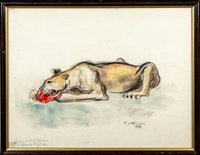 tableau représentant un chien couché, tenant une balle rouge dans la gueule