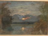 peinture représentant un tableau représentant un coucher de soleil sur un lac, avec une montagne en arrière-plan