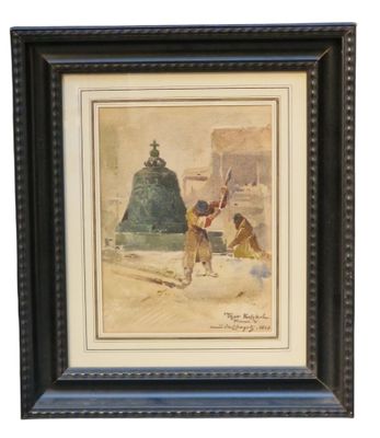 une image représentant un tableau où l'on voit un homme et un chien dans la neige