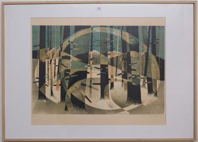 tableau représentant une scène forestière avec des arbres et la lune dans le ciel
