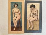 tableau représentant deux nus féminins assis sur une chaise devant un mur blanc