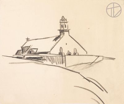 drawing of a church with a steeple and a steeple on the top of a hill