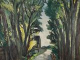 une peinture à l'huile représentant une route bordée d'arbres, avec un bâtiment au loin