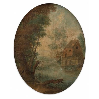 une image représentant une peinture d'un paysage fluvial avec une maison au loin