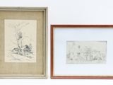 two framed drawings of a man and a woman sitting on a bench
