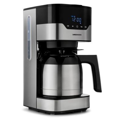 a black and silver coffee maker sitting on top of a white surface