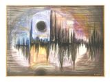 peinture représentant un trou noir dans le ciel au-dessus d'une ville