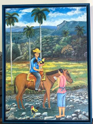 tableau représentant un homme à cheval aux côtés d'une femme et d'un oiseau
