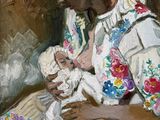 une peinture à l'huile représentant une femme tenant un bébé dans ses bras