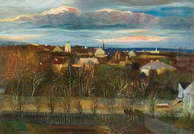 une peinture à l'huile représentant une vue d'une ville depuis une colline