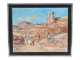 painting of a group of people riding horses in the desert