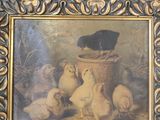 a picture of a painting of chickens and chickens in a bucket