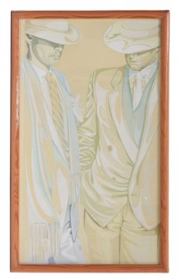 tableau représentant deux hommes en costume et chapeau, debout l'un à côté de l'autre
