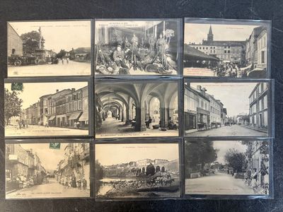 several old black and white photos of a street with buildings