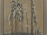 une peinture d'un paysage enneigé avec des arbres au premier plan