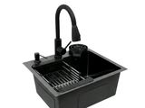 évier de cuisine noir avec robinet et distributeur de savon