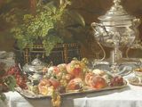 un tableau représentant un plateau de fruits et d'argenterie posé sur une table