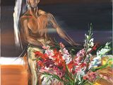 a painting of a man holding a surfboard next to a vase of flowers