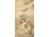 a painting of a tiger and a bird on a hill