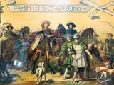 a painting of a group of people riding horses
