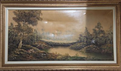 an oil painting of a river and trees in a gold frame