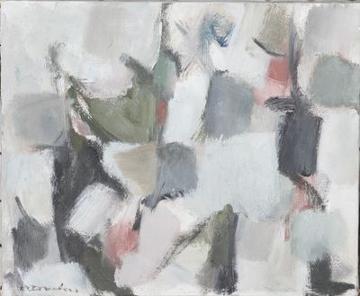 an abstract painting of a group of people walking down a street