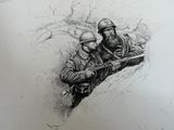 a drawing of two men in a boat with a gun