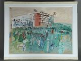painting of a group of people on a field with a building in the background