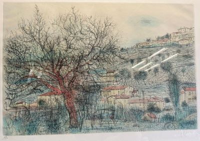 une image représentant un dessin d'un arbre devant un village