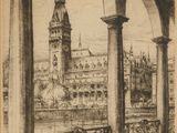 an image of a drawing of a building with a clock tower in the background
