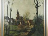 an oil painting of a village scene with a church in the background