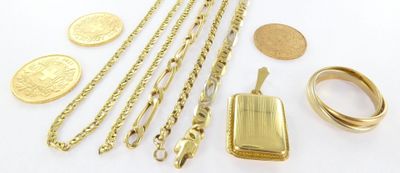 several different types of gold jewelry including a locke, a ring, a chain, and a coin