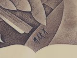 a black and white drawing of a knife and fork on a plate