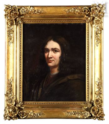 a painting of a man in a black coat with a gold frame