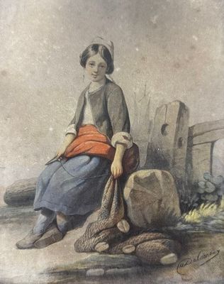 tableau représentant une femme assise sur un rocher à côté d'un tas de pierres