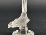 figurine d'oiseau en verre transparent posée sur un socle transparent, sur une surface noire