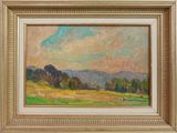 an oil painting of a field with trees and mountains in the background