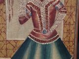 an image of a painting of a woman in a green and red dress